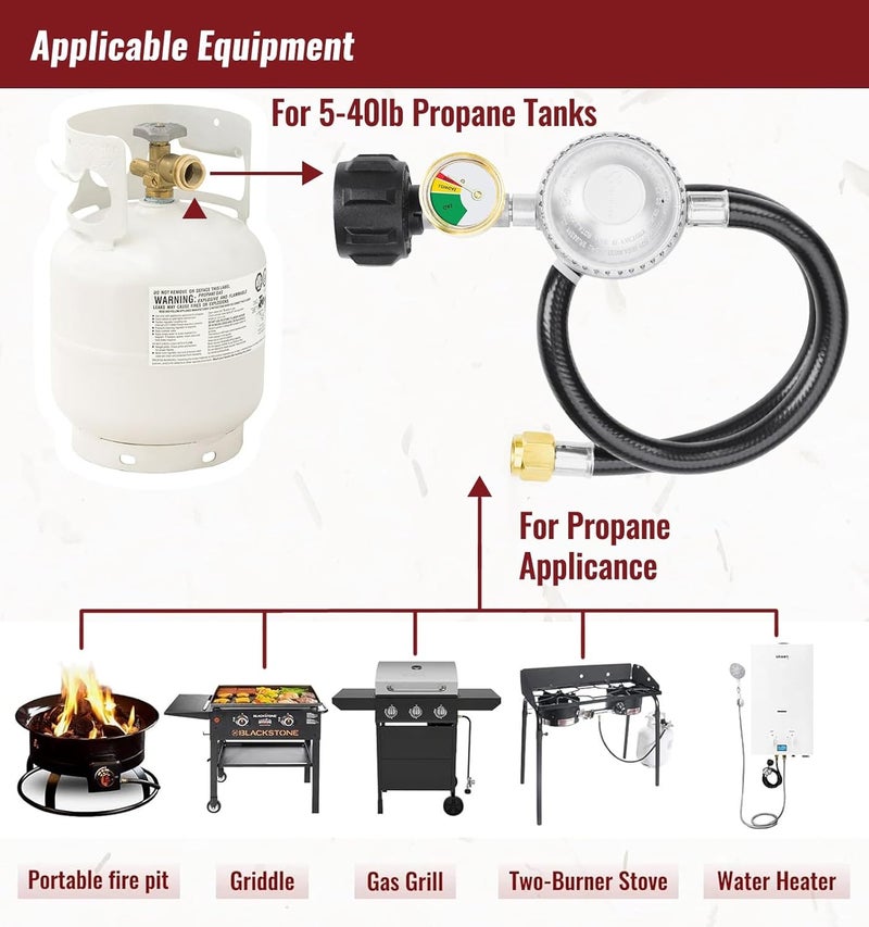 CALPOSE 2 Feet Propane Hose with Regulator & Gauge, Universal Gas Grill Regulator for Blackstone 28''/36'' Griddle, Weber Grill, Propane fire Pit and More, 3/8" Female Flare for Most LP Gas Grills - Image 4